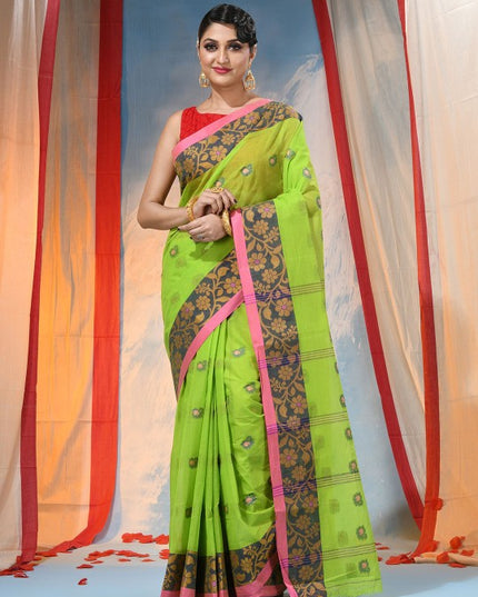 Exquisite Green Floral Pure Cotton Saree with Woven Design Border