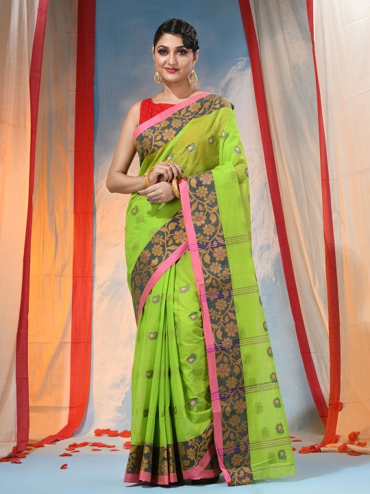 Exquisite Green Floral Pure Cotton Saree with Woven Design Border