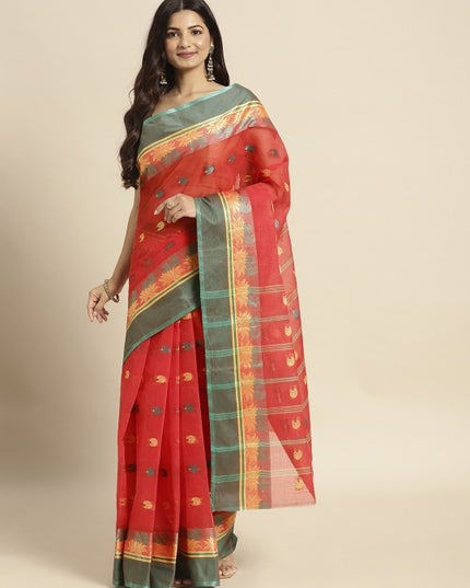 DESH BIDESH Red Woven Design Pure Cotton Taant Saree