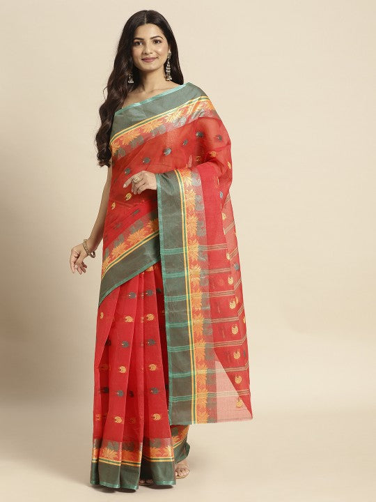 DESH BIDESH Red Woven Design Pure Cotton Taant Saree
