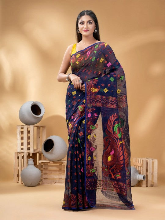 Exquisite Navy Blue Pure Cotton Jamdani Saree with Ethnic Motifs