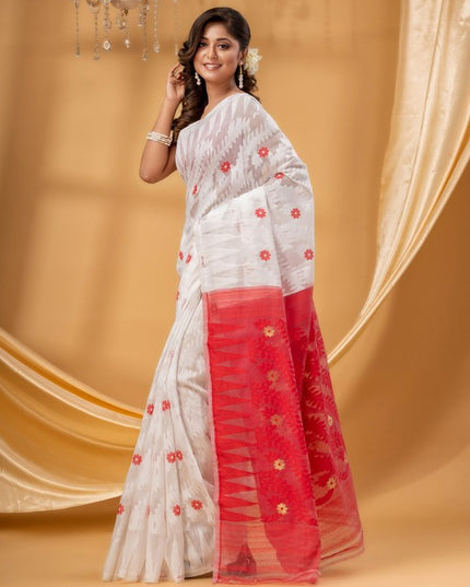 DESH BIDESH Elegant White-Red Woven Zari Pure Cotton Jamdani Saree for Women