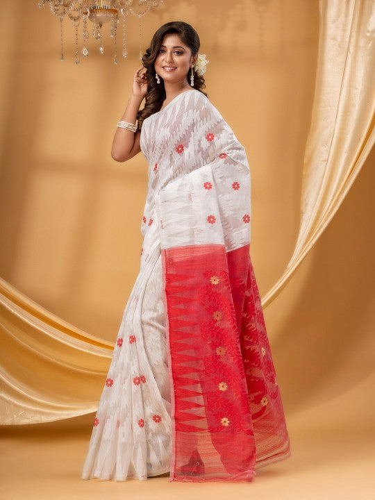 DESH BIDESH Elegant White-Red Woven Zari Pure Cotton Jamdani Saree for Women