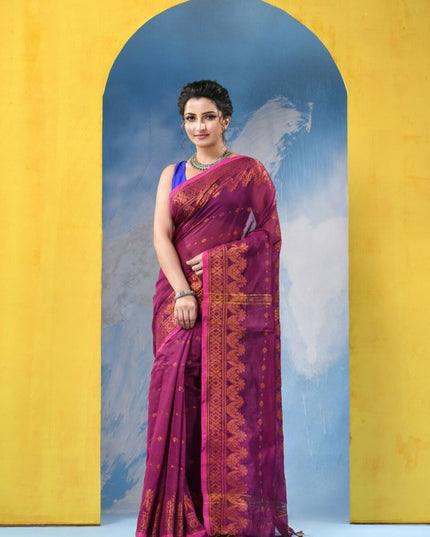 Exquisite Pink & Gold Woven Zari Pure Cotton Blend Saree with Intricate Floral Design