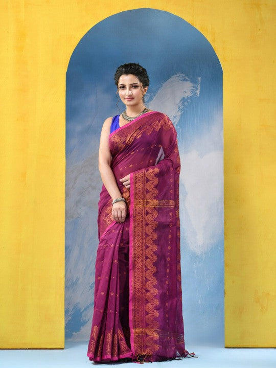 Exquisite Pink & Gold Woven Zari Pure Cotton Blend Saree with Intricate Floral Design