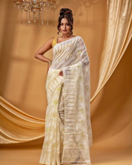 DESH BIDESH Elegant Off-White Gold-Toned Zari Woven Design Pure Cotton Jamdani Saree