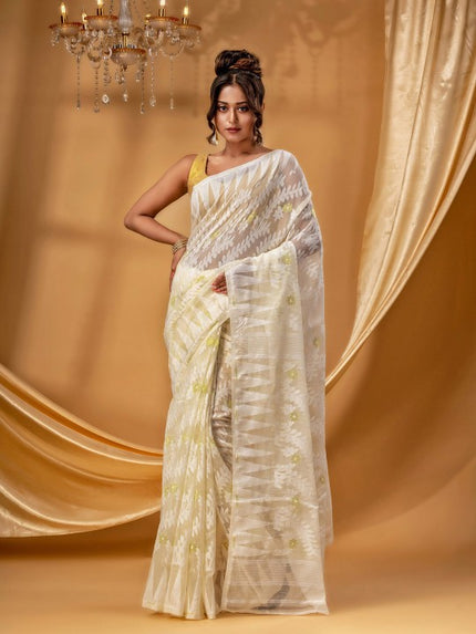 DESH BIDESH Elegant Off-White Gold-Toned Zari Woven Design Pure Cotton Jamdani Saree