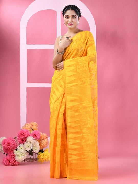 DESH BIDESH Floral Woven Design Pure Cotton Jamdani Saree