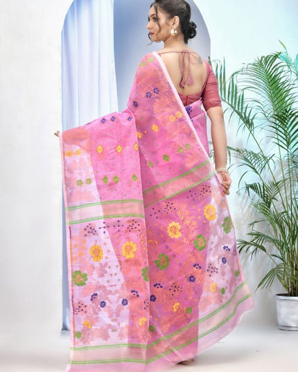 DESH BIDESH Pink & Blue Jamdani Saree with Ethnic Motifs and Woven Design