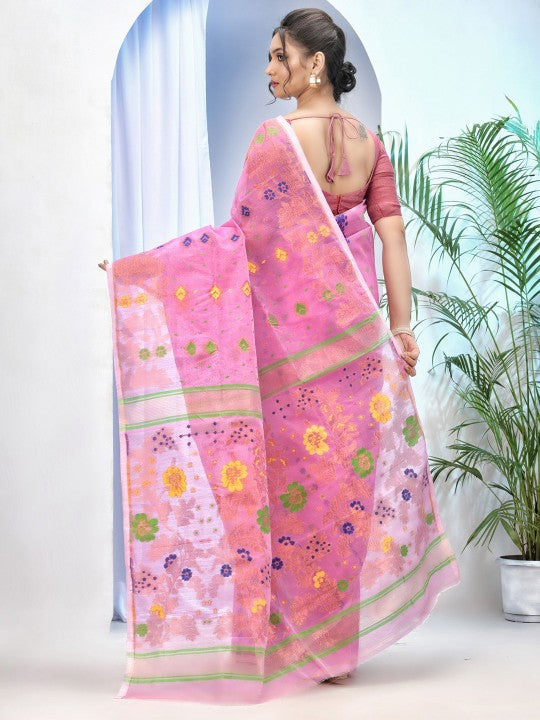 DESH BIDESH Pink & Blue Jamdani Saree with Ethnic Motifs and Woven Design