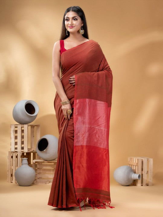 DESH BIDESH Maroon Woven Design Ready-to-Wear Taant Saree for Women