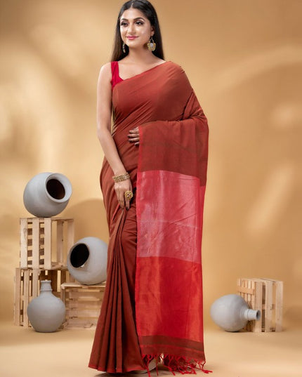 DESH BIDESH Elegant Maroon Woven Design Taant Saree for Women with Solid Border