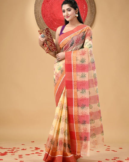 Exquisite Floral Printed Pure Cotton Block Print Saree with Woven Design Border