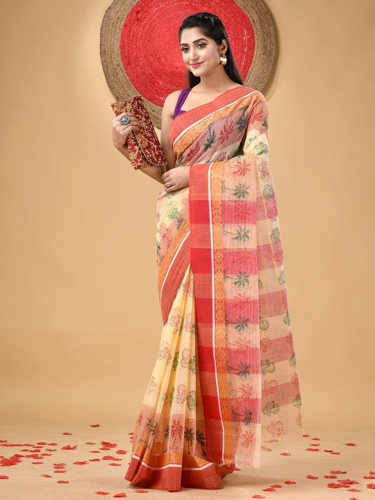 Exquisite Floral Printed Pure Cotton Block Print Saree with Woven Design Border