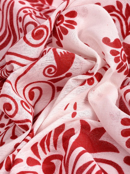 Exquisite Pure Cotton White Saree with Red Ethnic Block Prints and Border