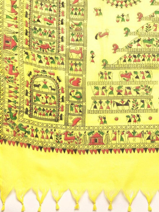 DESH BIDESH Yellow & Green Warli Pure Cotton Taant Saree