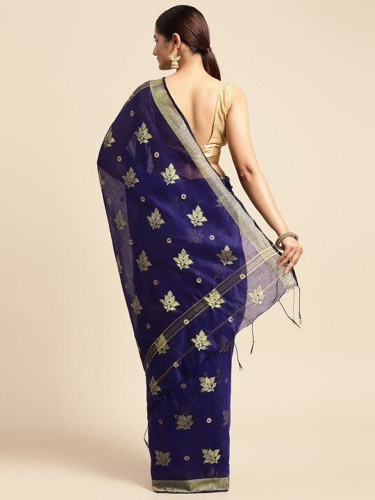 DESH BIDESH Navy Blue & Golden Ethnic Motifs Pure Cotton Muga Saree