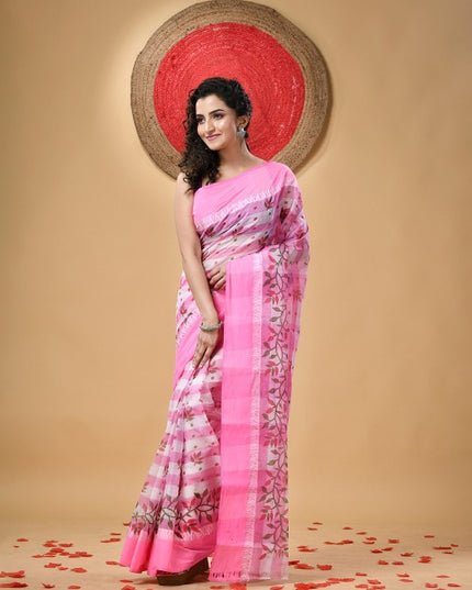 DESH BIDESH Pink Floral Pure Cotton Block Print Saree without Blouse