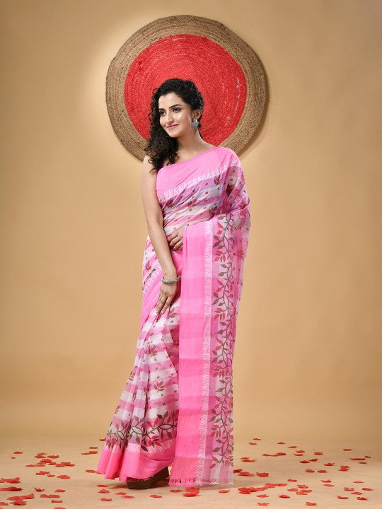 DESH BIDESH Pink Floral Pure Cotton Block Print Saree without Blouse