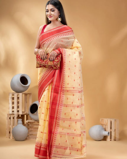 DESH BIDESH Cream-Coloured Red Woven Design Pure Cotton Handloom Taant Saree