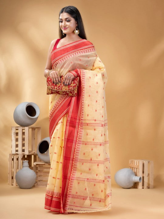 DESH BIDESH Cream-Coloured Red Woven Design Pure Cotton Handloom Taant Saree