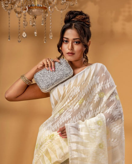 DESH BIDESH Elegant Off-White Gold-Toned Zari Woven Design Pure Cotton Jamdani Saree