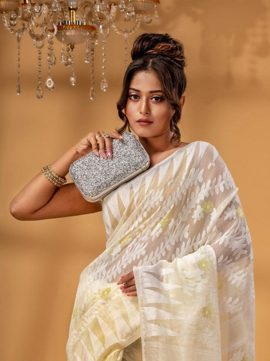 DESH BIDESH Elegant Off-White Gold-Toned Zari Woven Design Pure Cotton Jamdani Saree