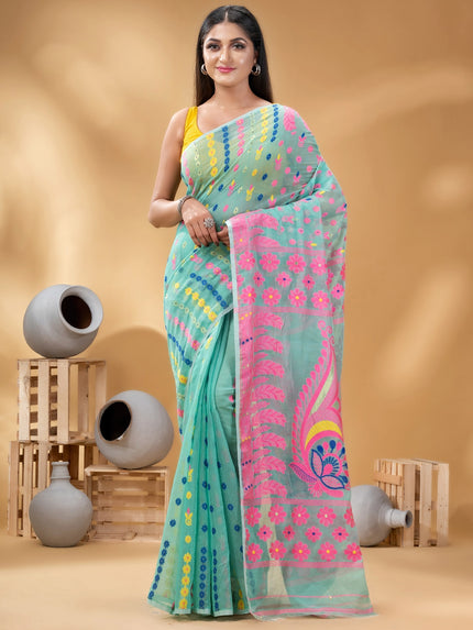 DESH BIDESH Turquoise Blue & Pink Woven Design Pure Cotton Handloom Jamdani Saree