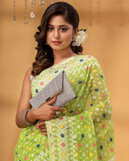 DESH BIDESH Green & White Ethnic Motifs Woven Pure Cotton Jamdani Saree