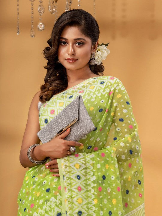 DESH BIDESH Green & White Ethnic Motifs Woven Pure Cotton Jamdani Saree