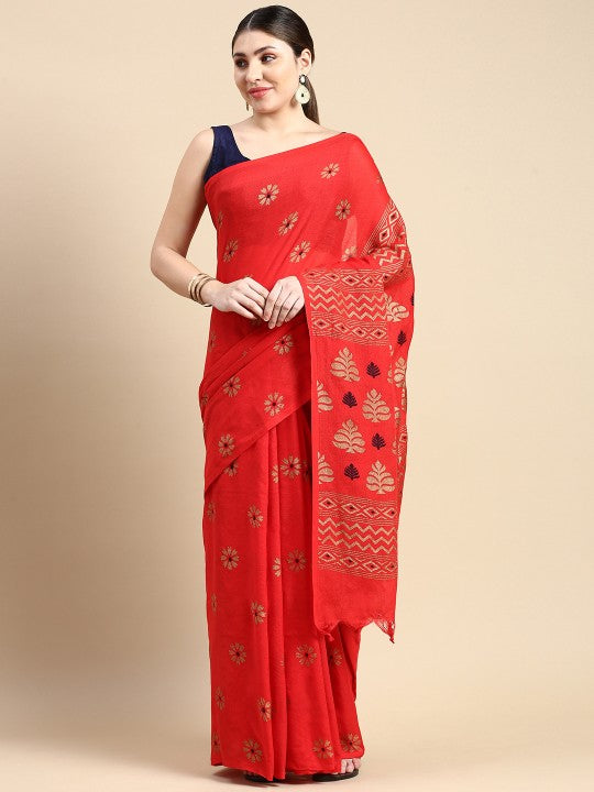 DESH BIDESH Woven Design Floral Pure Cotton Taant Saree