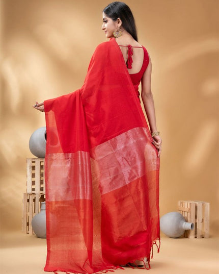Exquisite Red Woven Design Taant Saree for Women - Traditional Indian Wear