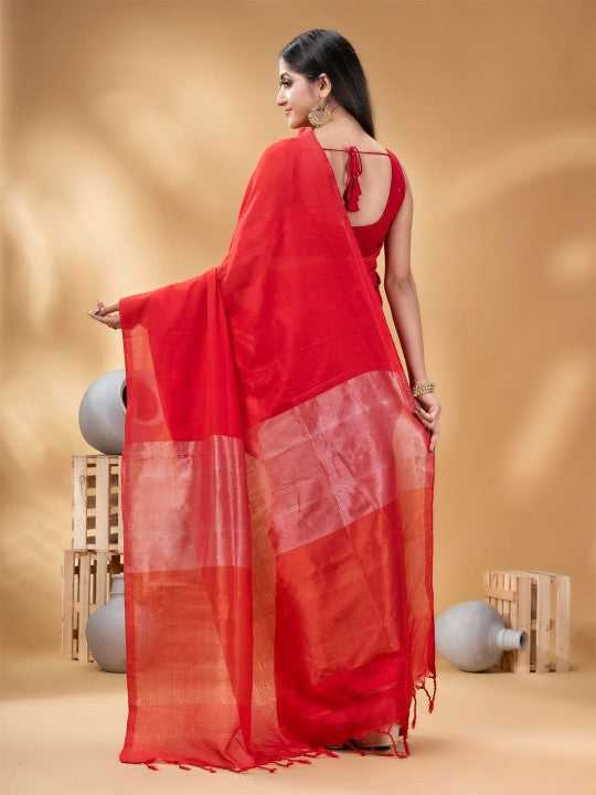 Exquisite Red Taant Saree for Women: Traditional Woven Design, Ready-to-Wear Elegance