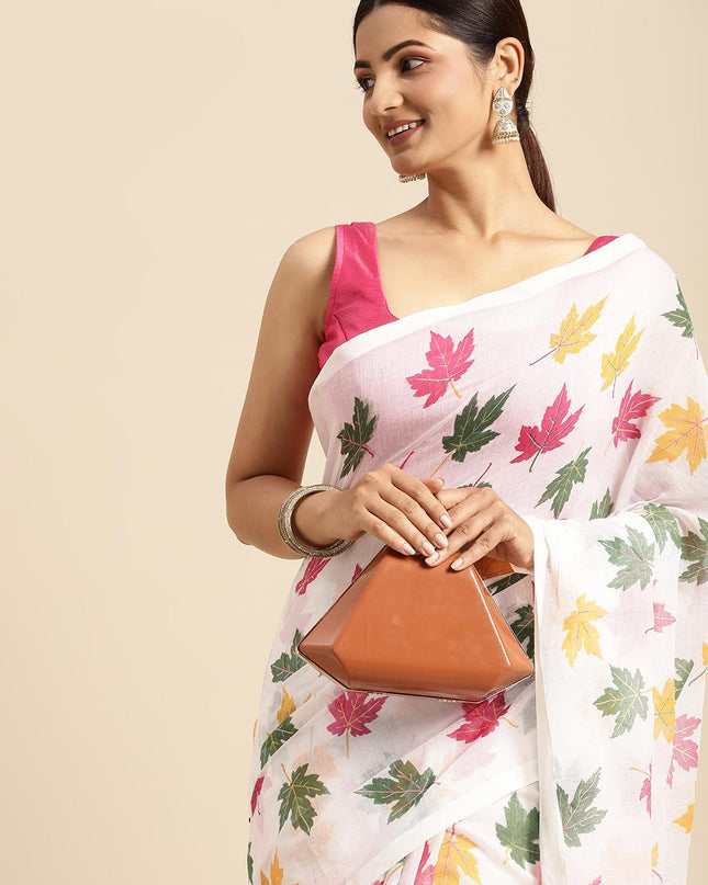 DESH BIDESH White & Pink Floral Print Pure Cotton Taant Saree