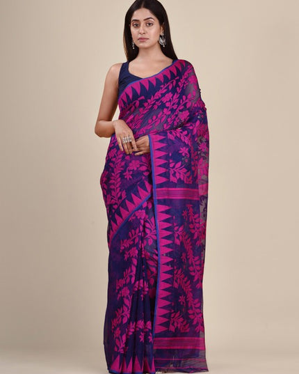 DESH BIDESH Purple & Pink Paisley Pure Cotton Jamdani Saree