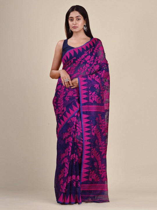 DESH BIDESH Purple & Pink Paisley Pure Cotton Jamdani Saree