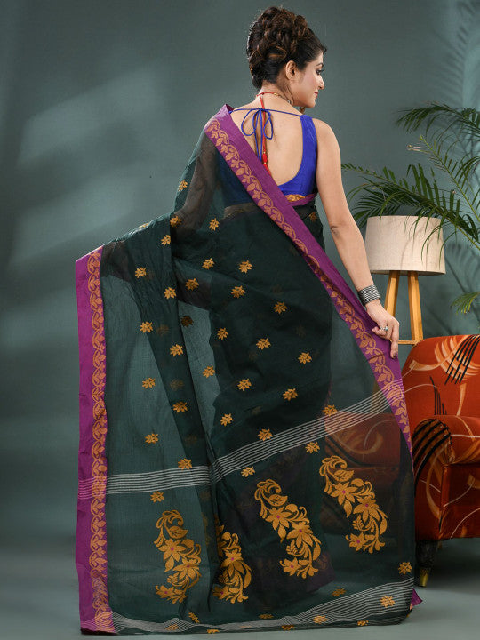 DESH BIDESH Woven Design Pure Cotton Taant Saree with Blouse Piece