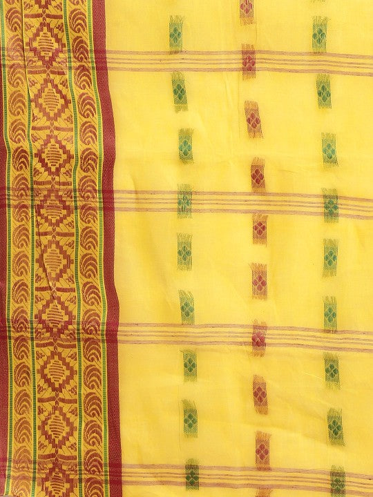 DESH BIDESH Yellow & Pink Ethnic Motifs Pure Cotton Taant Saree