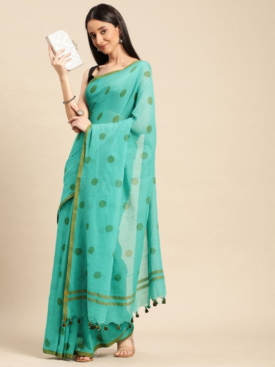 DESH BIDESH Polka Dots Pure Cotton Taant Saree