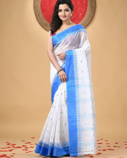 Exquisite White & Blue Pure Cotton Taant Saree with Phulkari Floral Design