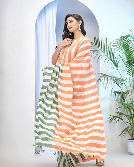 DESH BIDESH Women's Orange White Striped Pure Cotton Saree with Blouse Piece