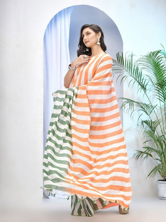 DESH BIDESH Women's Orange White Striped Pure Cotton Saree with Blouse Piece