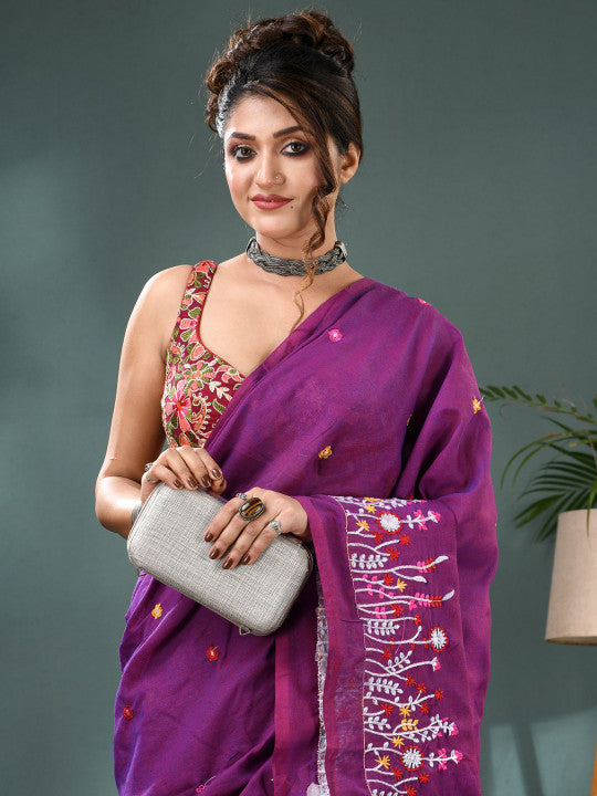 DESH BIDESH Floral Embroidered Pure Cotton Saree