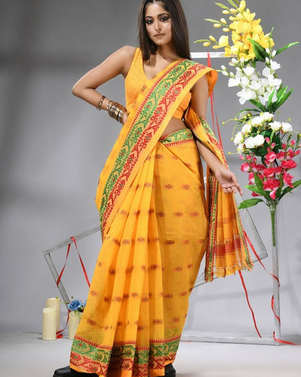 DESH BIDESH Yellow & Green Woven Design Zari Pure Cotton Saree