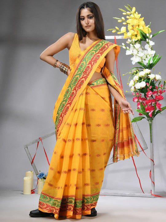 DESH BIDESH Yellow & Green Woven Design Zari Pure Cotton Saree