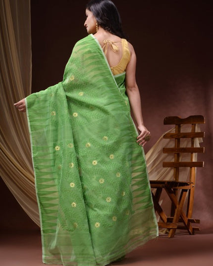 Exquisite DESH BIDESH Pure Cotton Jamdani Saree: Floral Woven Design, Elegant Indian Traditional Attire