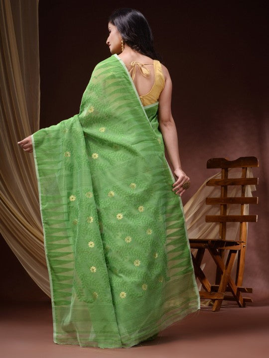 Exquisite DESH BIDESH Pure Cotton Jamdani Saree: Floral Woven Design, Elegant Indian Traditional Attire