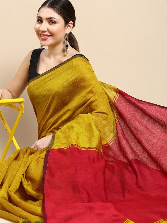 DESH BIDESH Ghicha Cotton Colourblocked Saree: Elegant Red & Yellow Saree with Blouse Piece