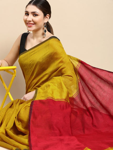 DESH BIDESH Ghicha Cotton Colourblocked Saree: Elegant Red & Yellow Saree with Blouse Piece