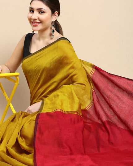 DESH BIDESH Women's Ghicha Cotton Colourblocked Saree with Tassels